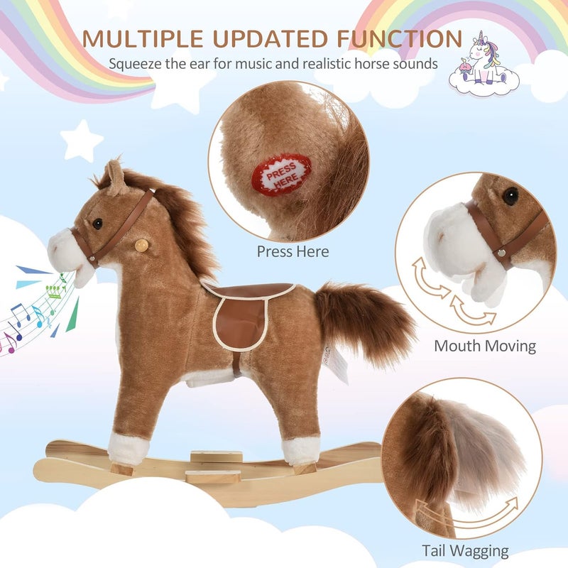 Qaba Rocking Horse Plush Animal on Wooden Rockers, Baby Rocking Chair with Sounds, Moving Mouth, Wagging Tail, Brown - Image 5